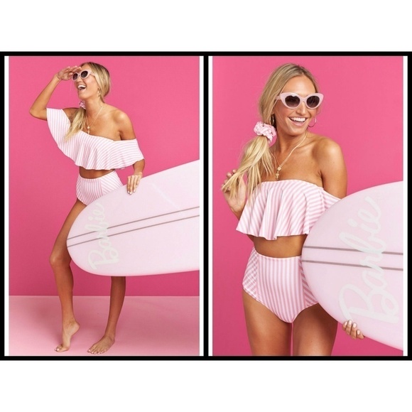 💕SHOW ME YOUR MUMU💕 Barbie Ruffle Bikini TOP Skipper Stripe Pink & White S NWT - Picture 1 of 8